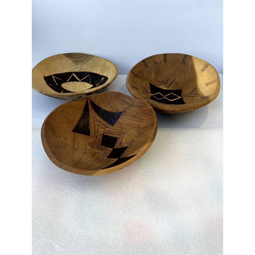 Wood Bowls Hand Carved/Painted/Incised 3 Bowls Each Different Rustic Boho